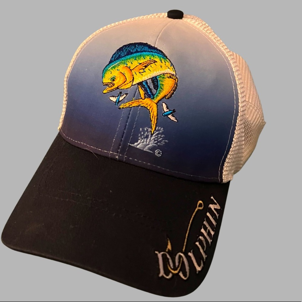 FISHERMANS HAT JUST HOOK EM COLLECTION VELCRO CLOSURE NAVY BLUE & WHITE MESH